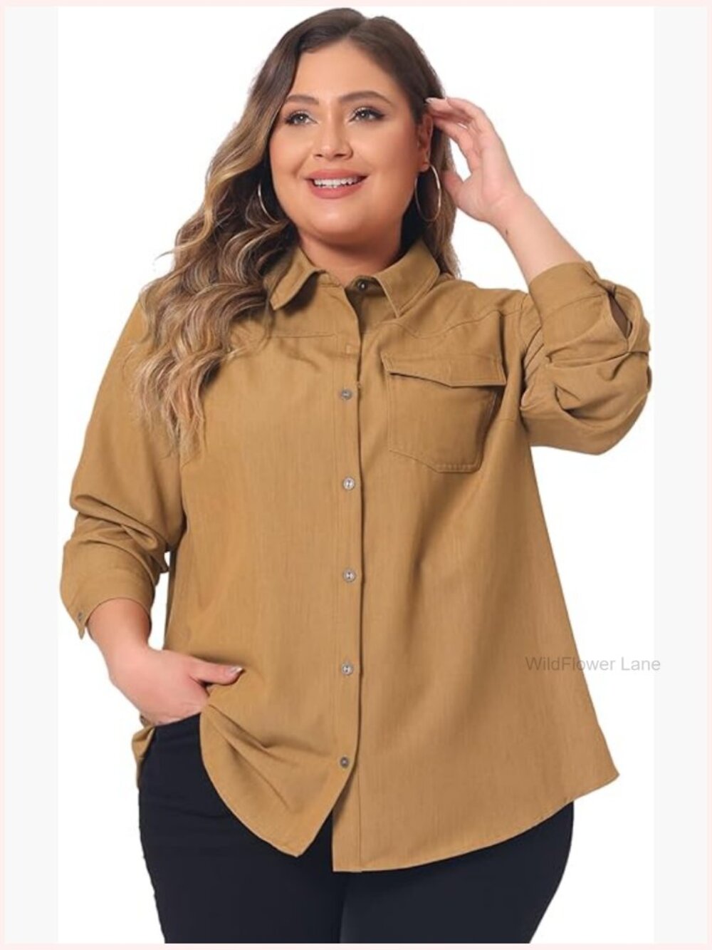 Plus Size Chambray Shirt Long Sleeve Button Down Collared Top Pocket Blouse